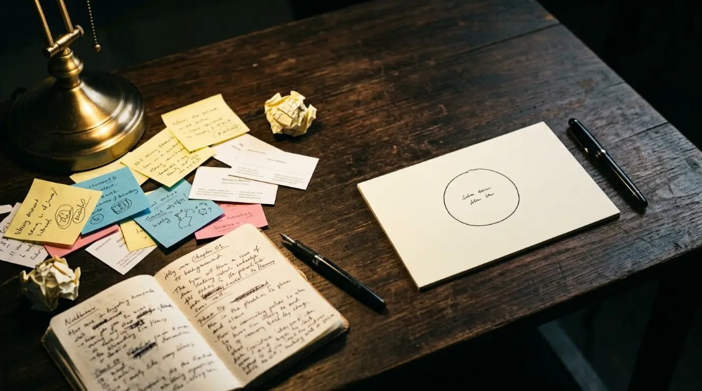 Scattered inbox and notebook beside a single CRM memory node on a dark desk.