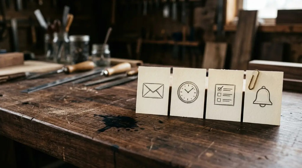 Feature cards mapped to follow-up machinery on a dark desk.