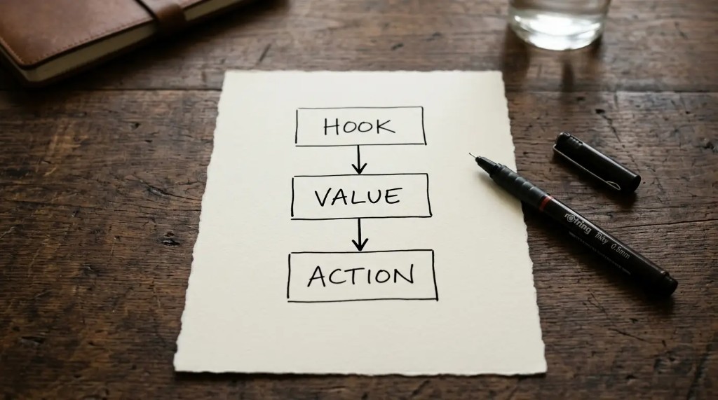 Hook, value, action in a single piece of content.