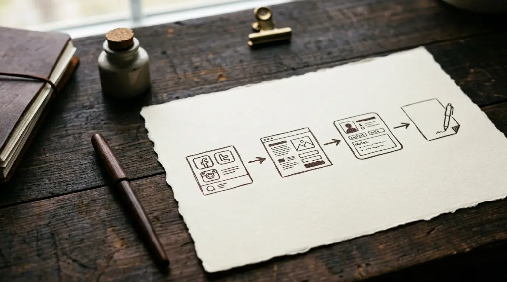 Content chain from post to CRM and follow-up.