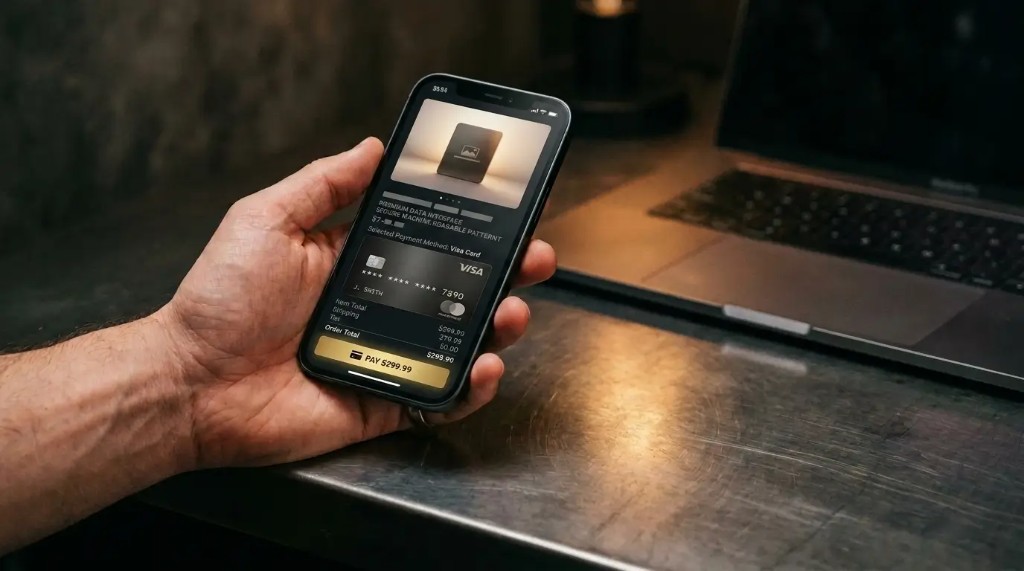 A phone showing a product page beside a subtle machine-read icon on a dark desk.