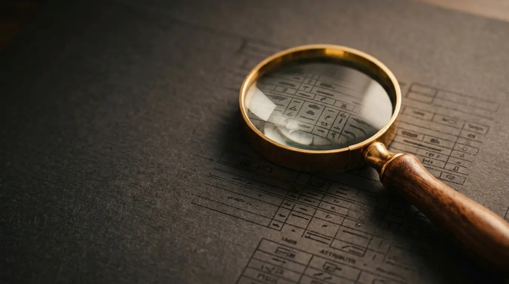 A magnifier over structured data lines suggesting search and machine readability.
