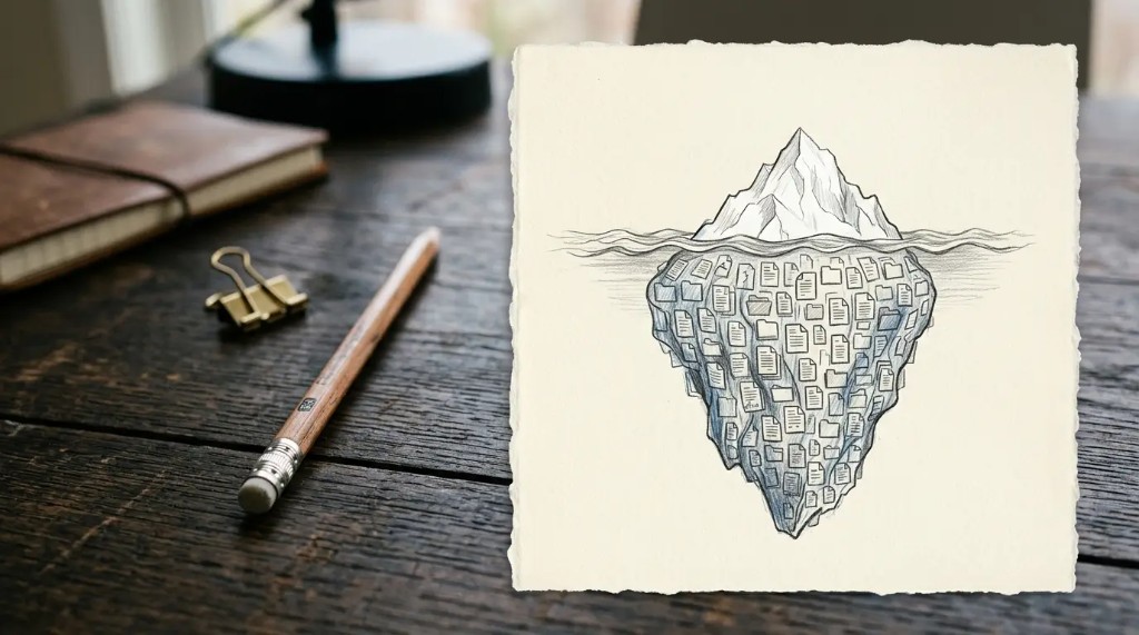 An iceberg showing knowledge beneath the agent interface.