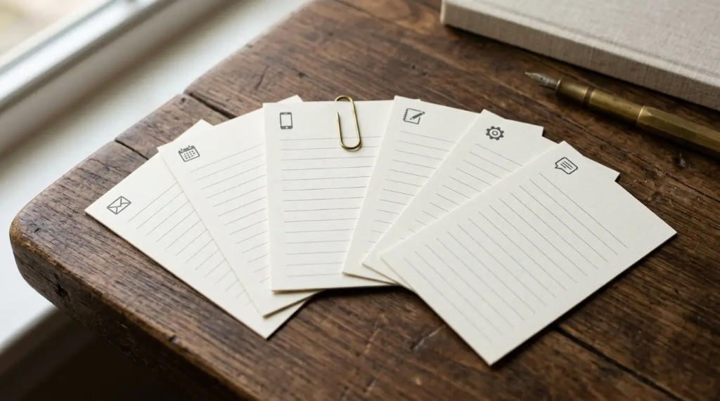 Copy-ready prompt cards on a dark desk.