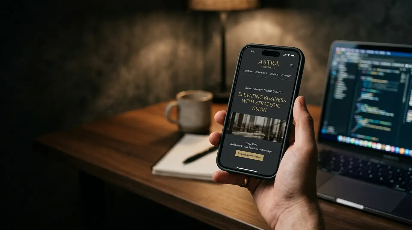 A business website on a phone and laptop in a softly lit workspace.