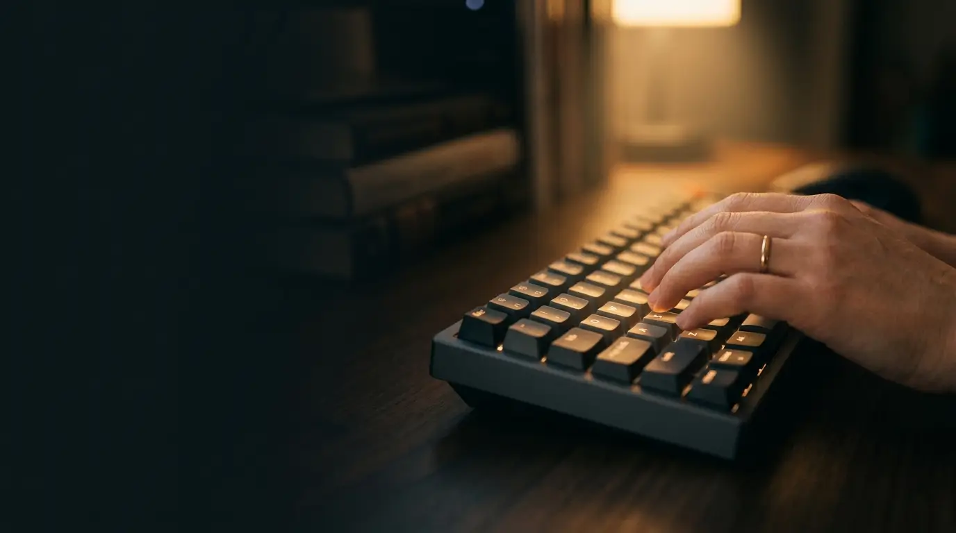 Hands typing on a backlit keyboard in a softly lit workspace.