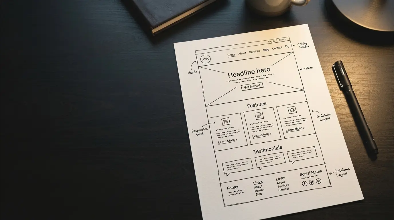 A hand-drawn website wireframe on paper on a dark desk.