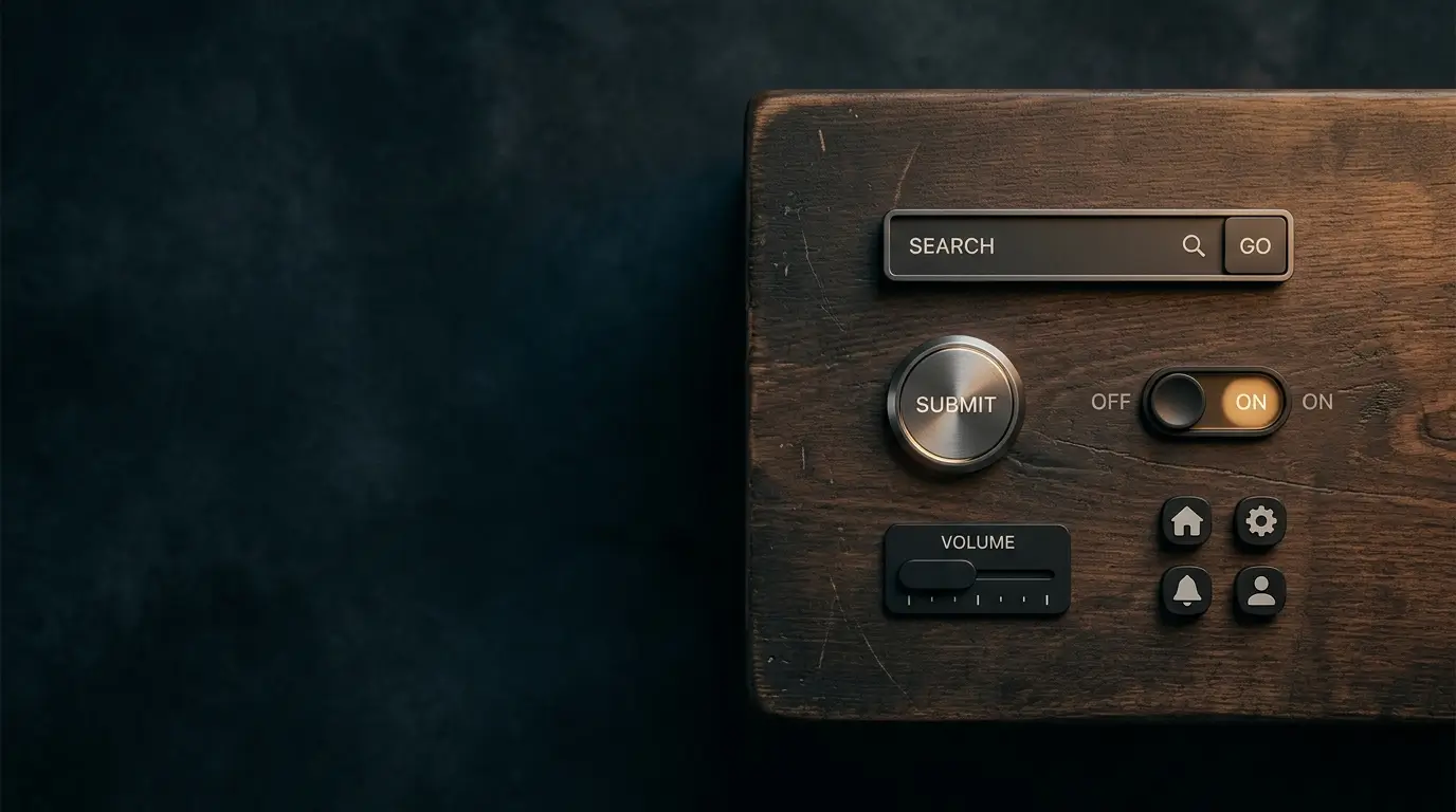 Small website interface components arranged like parts on a dark workbench.