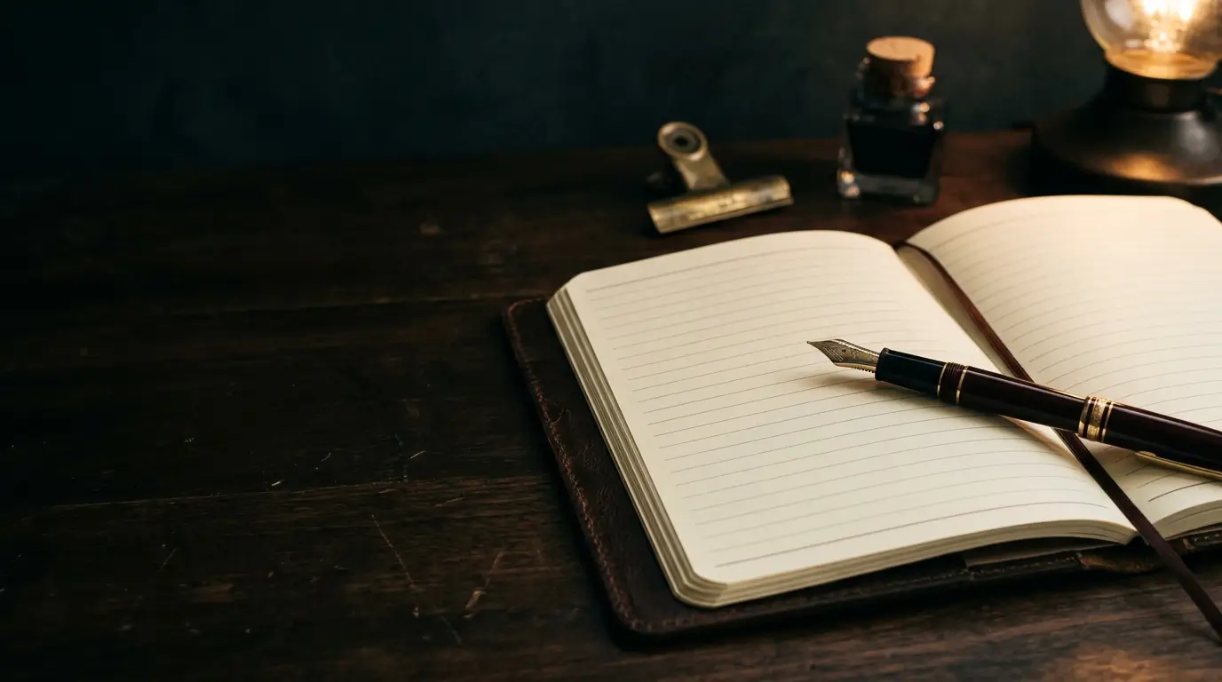 An open notebook and fountain pen on a dark desk, lit warmly.