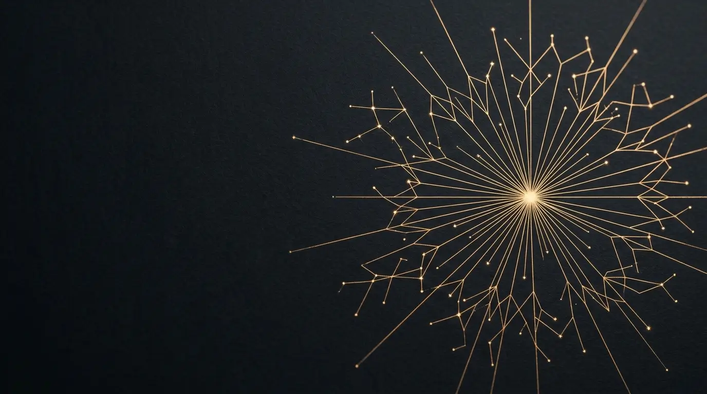 Fine gold lines radiating from a central point on a dark background.