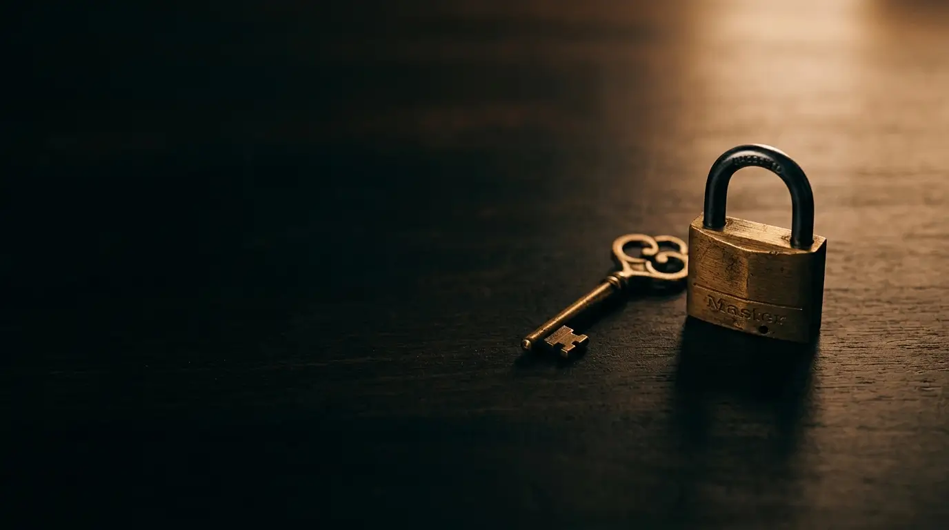 A brass key and a padlock on a dark desk, lit warmly.