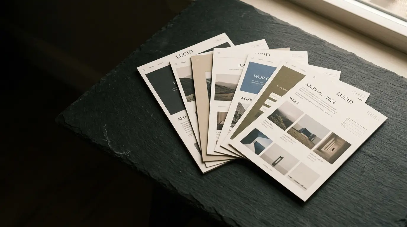 A small set of website page mockups laid out on a dark surface.